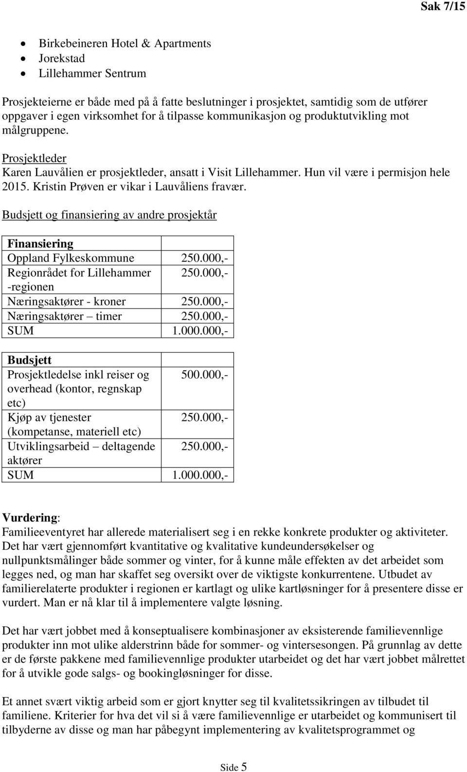 Kristin Prøven er vikar i Lauvåliens fravær. Budsjett og finansiering av andre prosjektår Finansiering Oppland Fylkeskommune 250.000,- Regionrådet for Lillehammer 250.