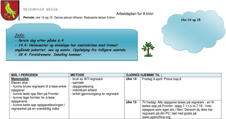 Matematikk - kunne bruke regneark til å løse enkle oppgaver - kunne laste opp filen på Fronter - bruk av IKT/regneark - samtale - oppgaveløsing - individuelt arbeid - enkel gjennomgang av