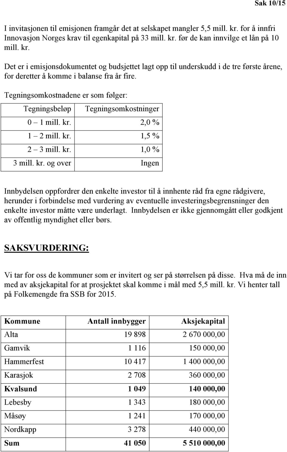 Tegningsomkostnadene er som følger: Tegningsbeløp Tegningsomkostninger 0 1 mill. kr.