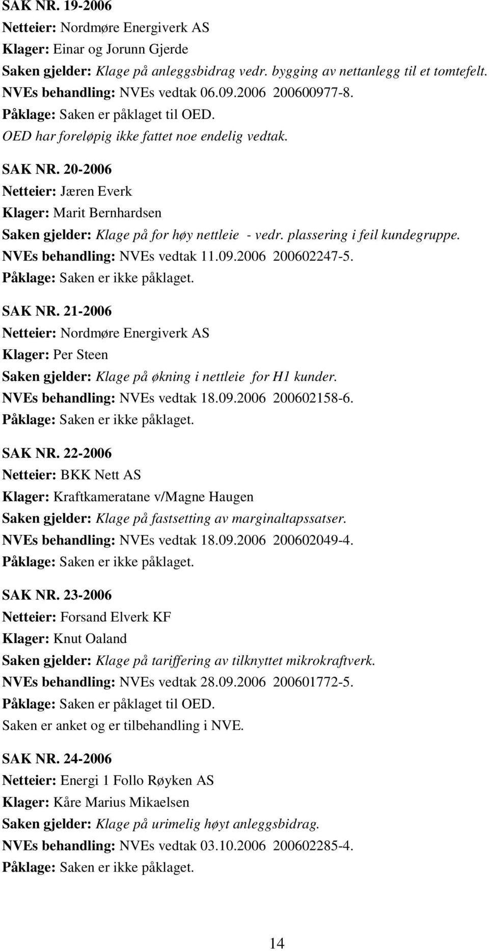 20-2006 Netteier: Jæren Everk Klager: Marit Bernhardsen Saken gjelder: Klage på for høy nettleie - vedr. plassering i feil kundegruppe. NVEs behandling: NVEs vedtak 11.09.2006 200602247-5.