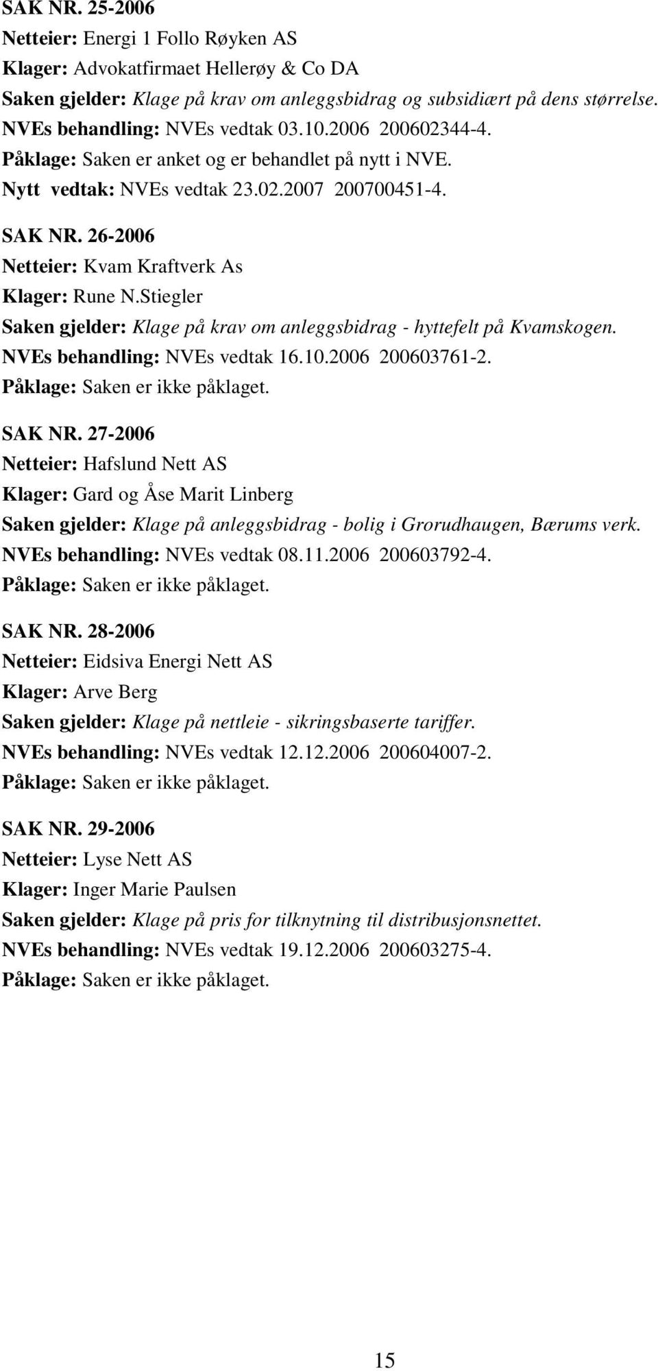 26-2006 Netteier: Kvam Kraftverk As Klager: Rune N.Stiegler Saken gjelder: Klage på krav om anleggsbidrag - hyttefelt på Kvamskogen. NVEs behandling: NVEs vedtak 16.10.2006 200603761-2.