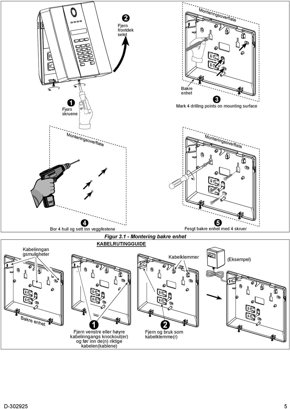 1 - Montering bakre enhet KABELRUTINGGUIDE Kabelklemmer 5 Fesgt bakre enhet med 4 skruer (Eksempel) 1