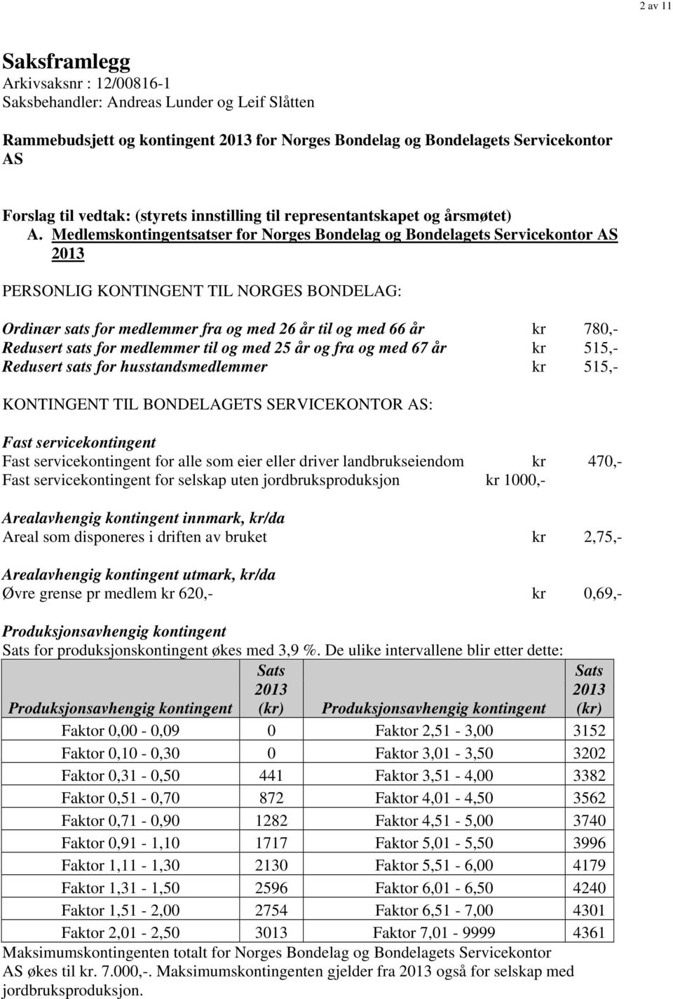 Medlemskontingentsatser for Norges Bondelag og Bondelagets Servicekontor AS 2013 PERSONLIG KONTINGENT TIL NORGES BONDELAG: Ordinær sats for medlemmer fra og med 26 år til og med 66 år kr 780,-