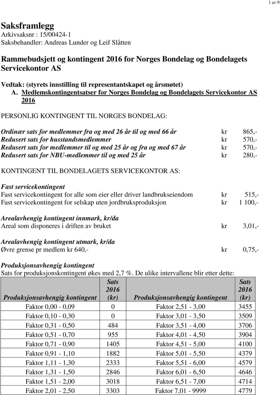 Medlemskontingentsatser for Norges Bondelag og Bondelagets Servicekontor AS 2016 PERSONLIG KONTINGENT TIL NORGES BONDELAG: Ordinær sats for medlemmer fra og med 26 år til og med 66 år kr 865,-