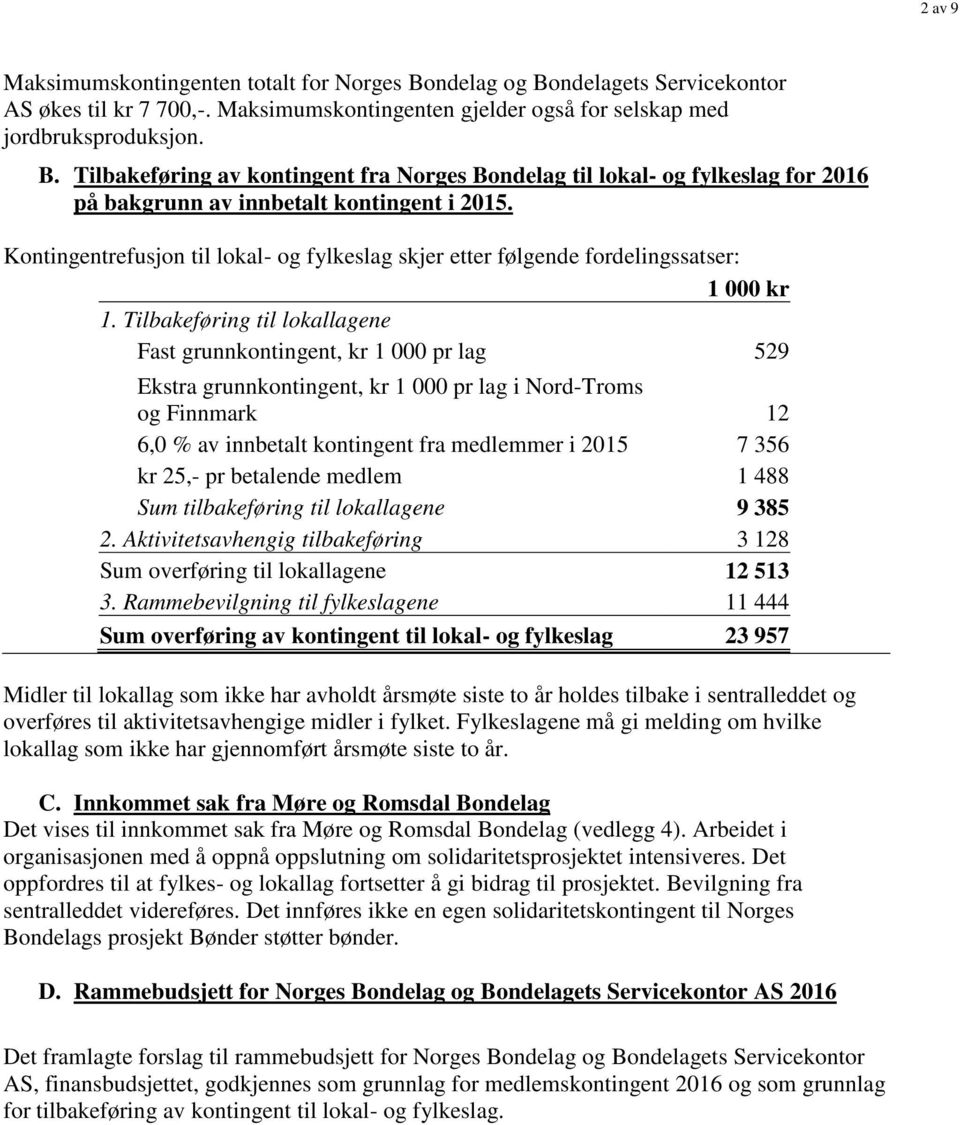 Tilbakeføring til lokallagene Fast grunnkontingent, kr 1 000 pr lag 529 Ekstra grunnkontingent, kr 1 000 pr lag i Nord-Troms og Finnmark 12 6,0 % av innbetalt kontingent fra medlemmer i 2015 7 356 kr