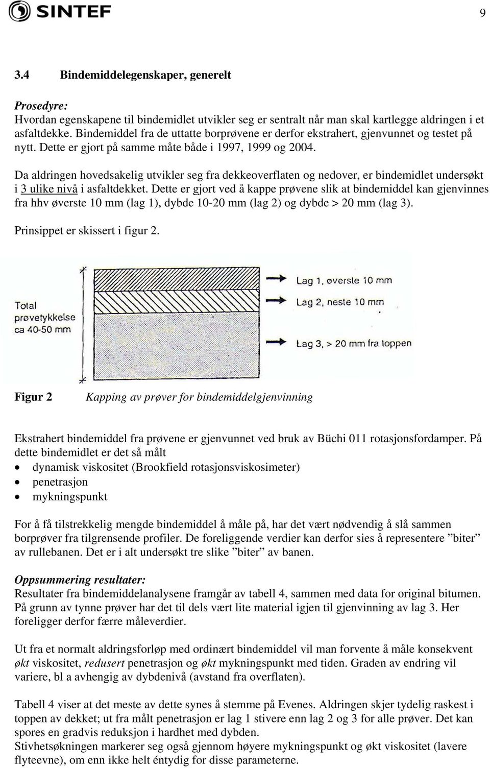 Da aldringen hovedsakelig utvikler seg fra dekkeoverflaten og nedover, er bindemidlet undersøkt i 3 ulike nivå i asfaltdekket.