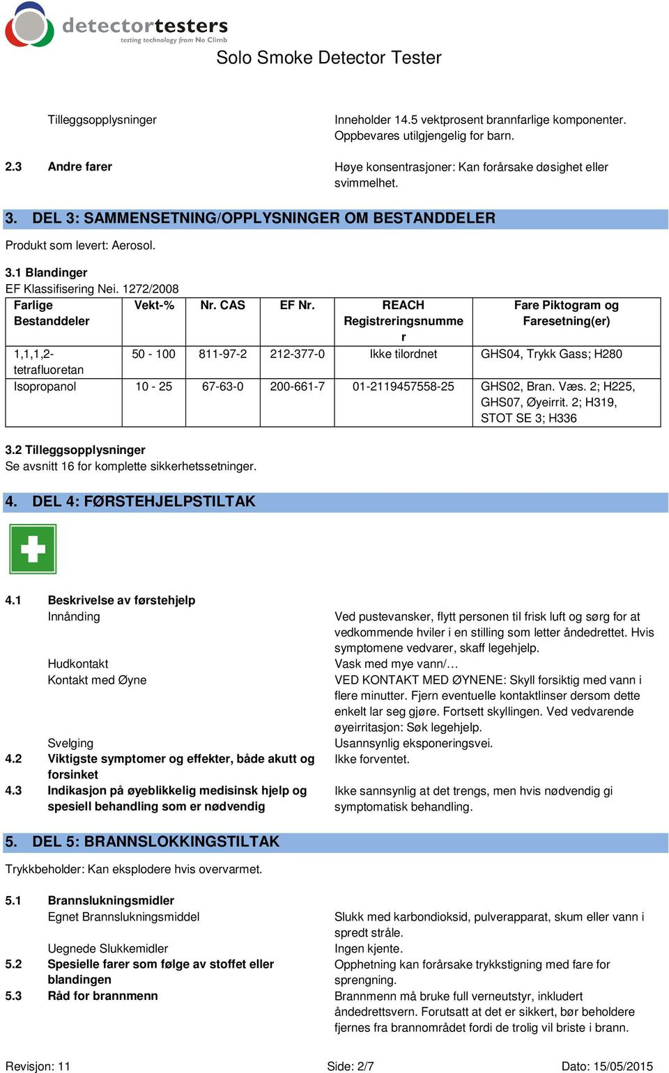 REACH Registreringsnumme r 1,1,1,2- tetrafluoretan Fare Piktogram og Faresetning(er) 50-100 811-97-2 212-377-0 Ikke tilordnet GHS04, Trykk Gass; H280 Isopropanol 10-25 67-63-0 200-661-7