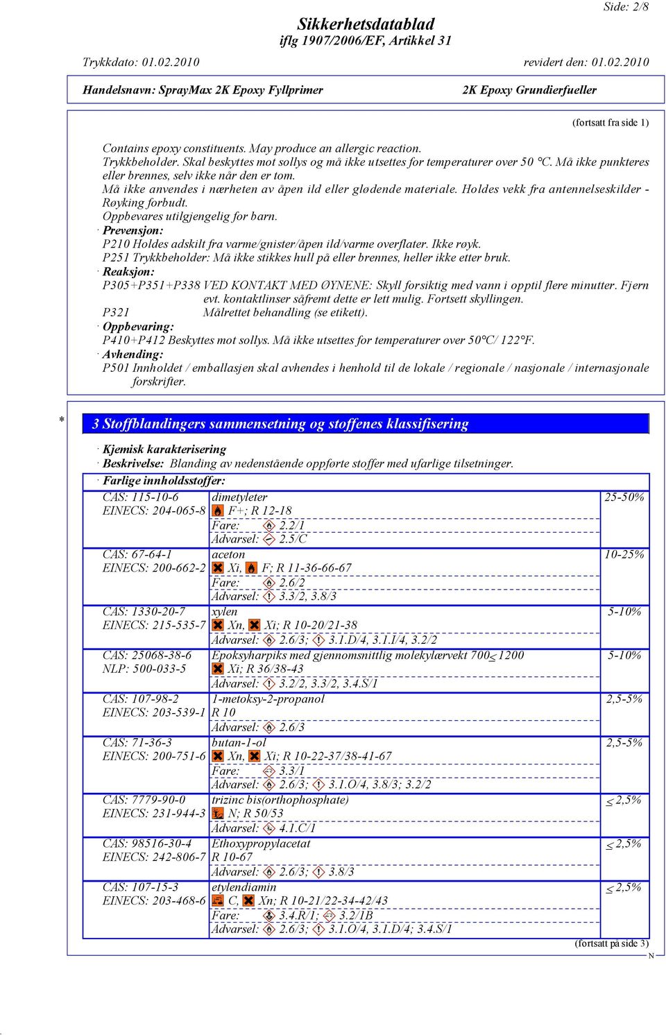 Oppbevares utilgjengelig for barn. Prevensjon: P210 Holdes adskilt fra varme/gnister/åpen ild/varme overflater. Ikke røyk.