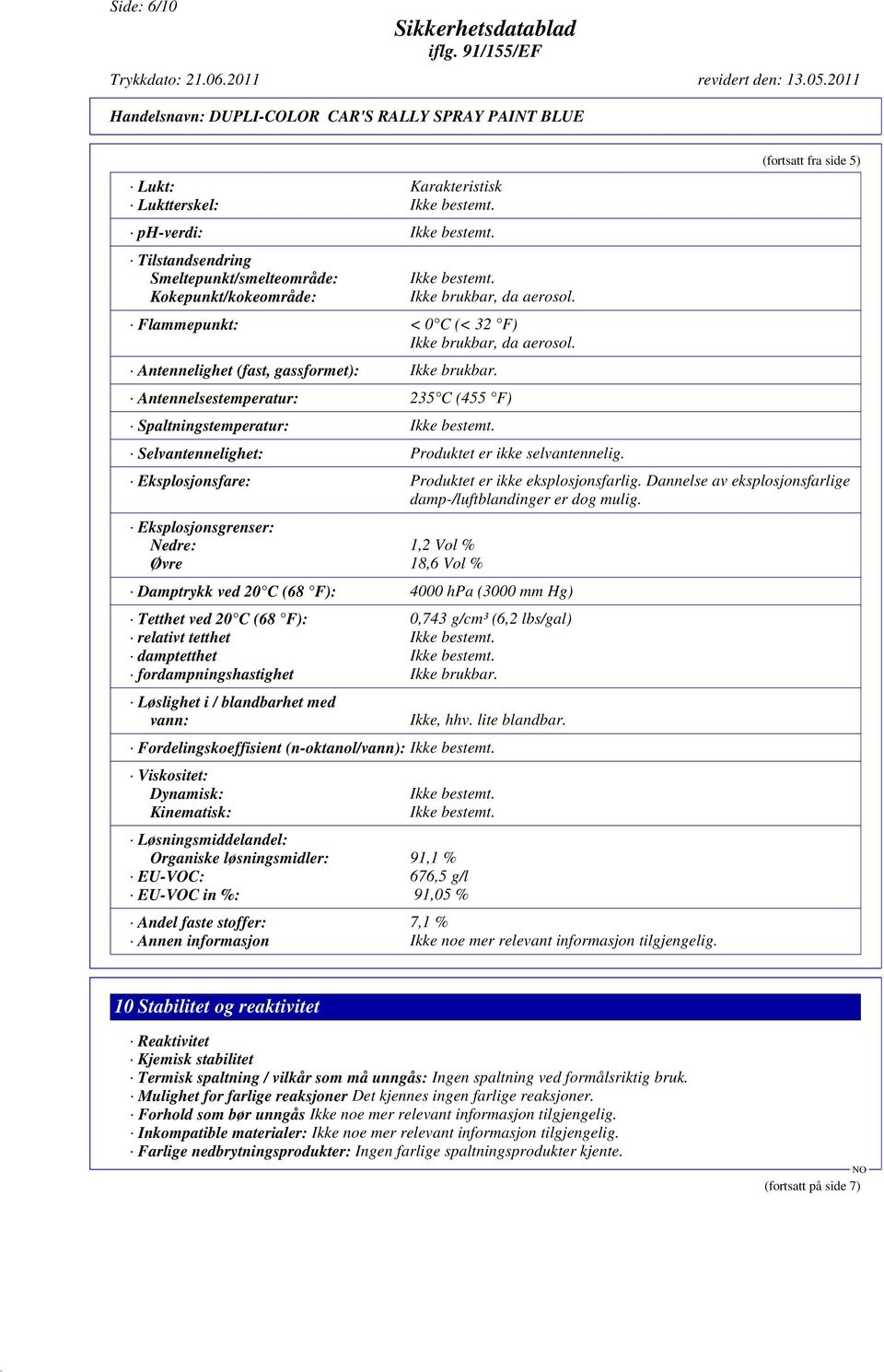 Selvantennelighet: Produktet er ikke selvantennelig. (fortsatt fra side 5) Eksplosjonsfare: Produktet er ikke eksplosjonsfarlig. Dannelse av eksplosjonsfarlige damp-/luftblandinger er dog mulig.