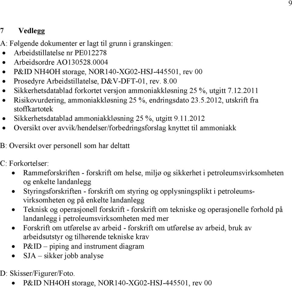 2011 Risikovurdering, ammoniakkløsning 25 %, endringsdato 23.5.2012, utskrift fra stoffkartotek Sikkerhetsdatablad ammoniakkløsning 25 %, utgitt 9.11.2012 Oversikt over