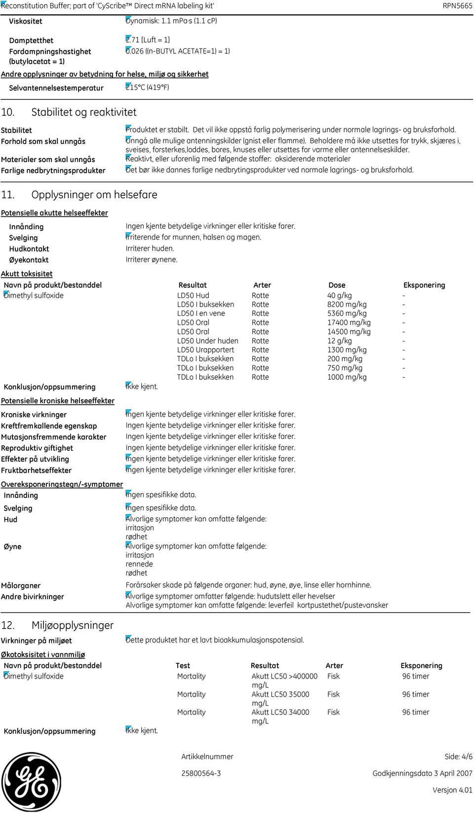 Selvantennelsestemperatur Stabilitet og reaktivitet 215 C (419 F) Stabilitet Produktet er stabilt. Det vil ikke oppstå farlig polymerisering under normale lagrings og bruksforhold.