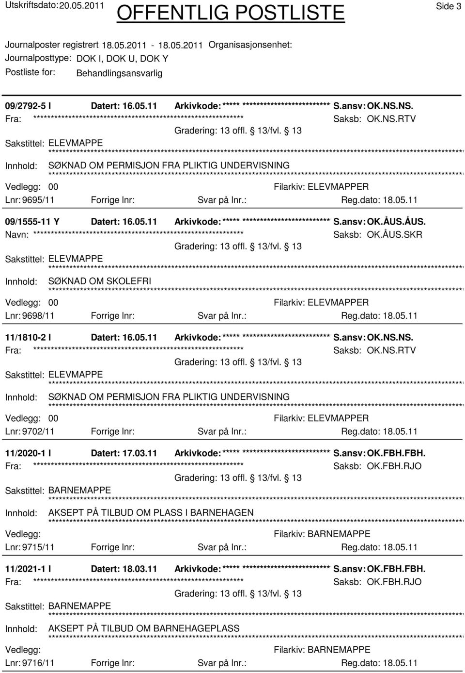 : 11/1810-2 I Datert: 16.05.11 Arkivkode:***** ****************************** S.ansv: OK.NS.NS. Fra: ************************************************************ Saksb: OK.NS.RTV Innhold: SØKNAD OM PERMISJON FRA PLIKTIG UNDERVISNING 00 Lnr: 9702/11 Forrige lnr: Svar på lnr.