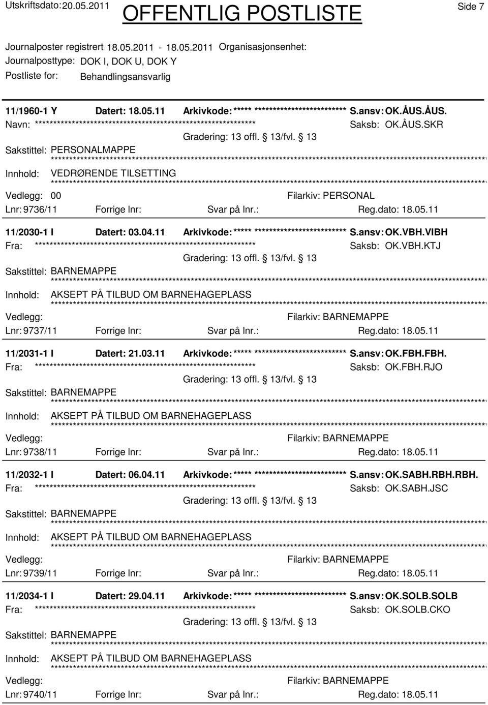 : 11/2031-1 I Datert: 21.03.11 Arkivkode:***** ****************************** S.ansv: OK.FBH.FBH. Fra: ************************************************************ Saksb: OK.FBH.RJO Lnr: 9738/11 Forrige lnr: Svar på lnr.