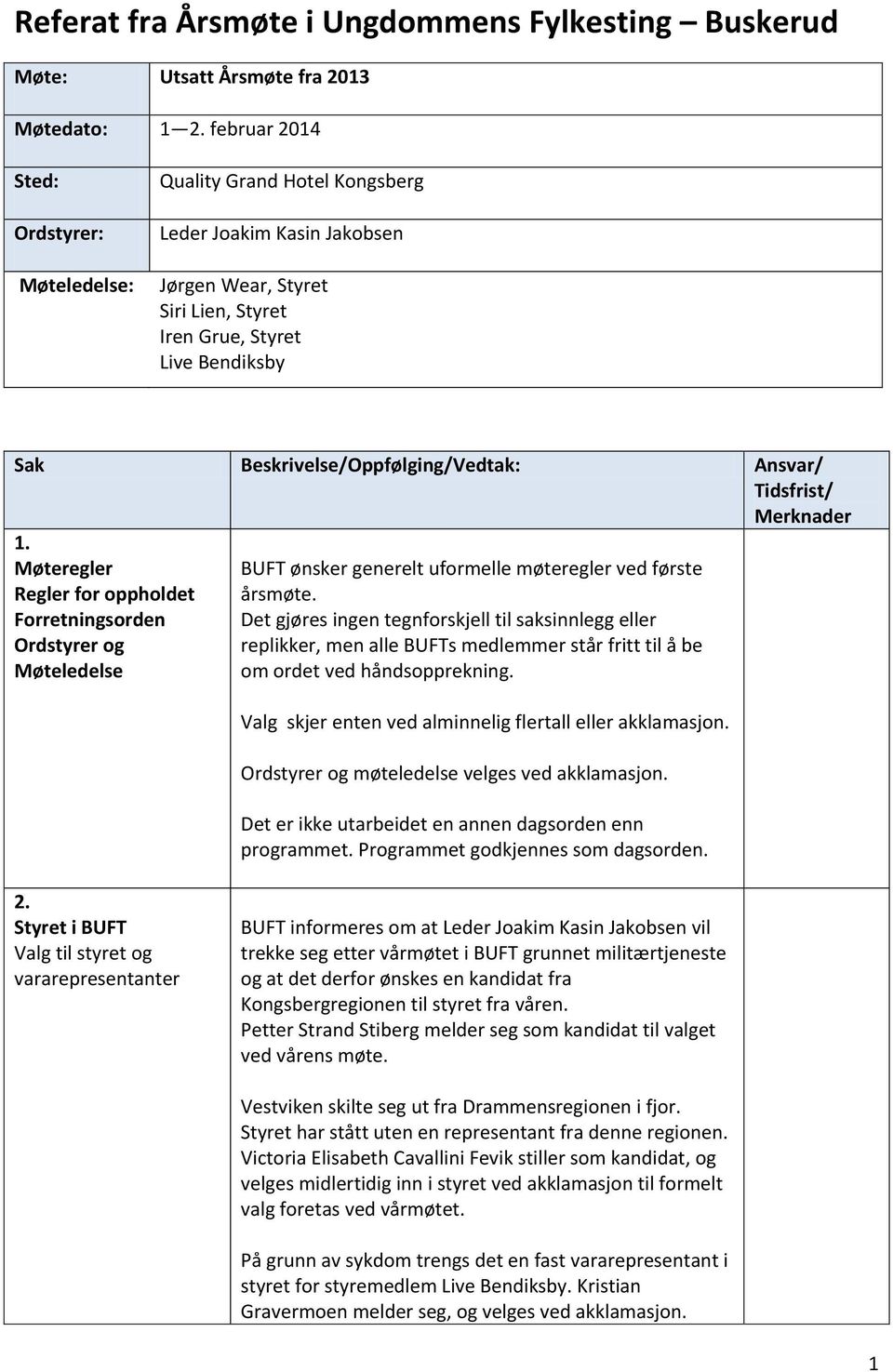 Beskrivelse/Oppfølging/Vedtak: Ansvar/ Tidsfrist/ Merknader 1. Møteregler Regler for oppholdet Forretningsorden Ordstyrer og Møteledelse BUFT ønsker generelt uformelle møteregler ved første årsmøte.