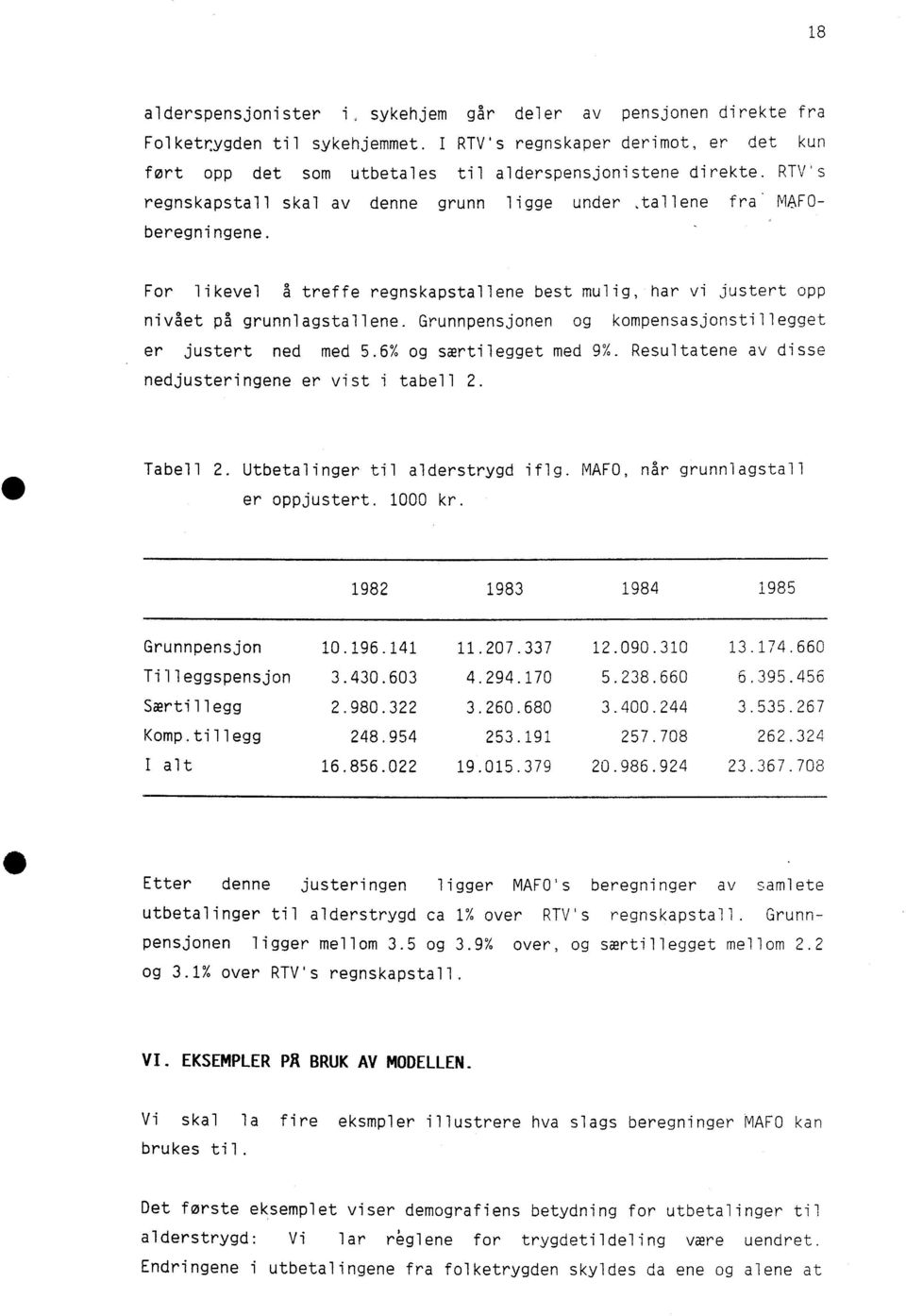 Grunnpensjonen og kompensasjonstillegget er justert ned med 5.6% og særtilegget med 9%. Resultatene av disse nedjusteringene er vist i tabell 2. Tabell 2. Utbetalinger til alderstrygd iflg.