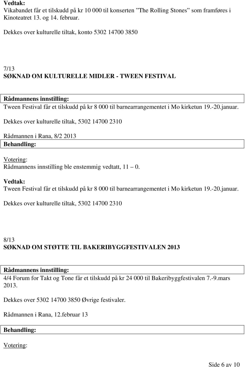 Dekkes over kulturelle tiltak, 5302 14700 2310 Rådmannen i Rana, 8/2 2013 Rådmannens innstilling ble enstemmig vedtatt, 11 0.