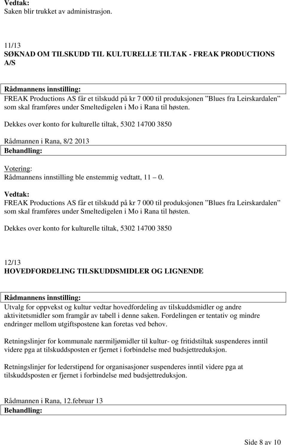 i Mo i Rana til høsten. Dekkes over konto for kulturelle tiltak, 5302 14700 3850 Rådmannen i Rana, 8/2 2013 Rådmannens innstilling ble enstemmig vedtatt, 11 0.