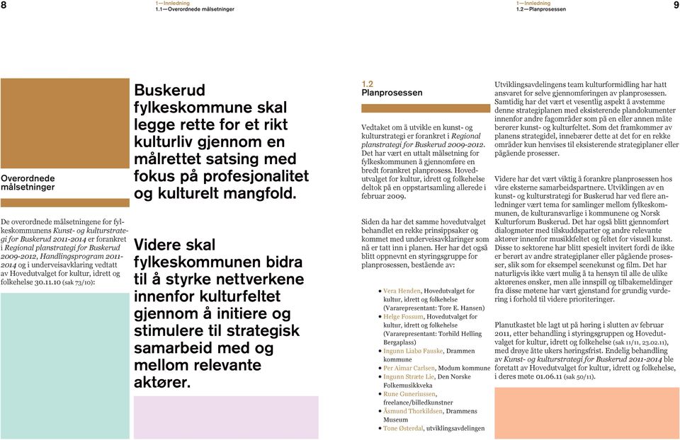 Handlingsprogram 2011-2014 og i underveisavklaring vedtatt av Hovedutvalget for kultur, idrett og folkehelse 30.11.10 (sak 73/10): Buskerud fylkeskommune skal legge rette for et rikt kulturliv gjennom en målrettet satsing med fokus på profesjonalitet og kulturelt mangfold.