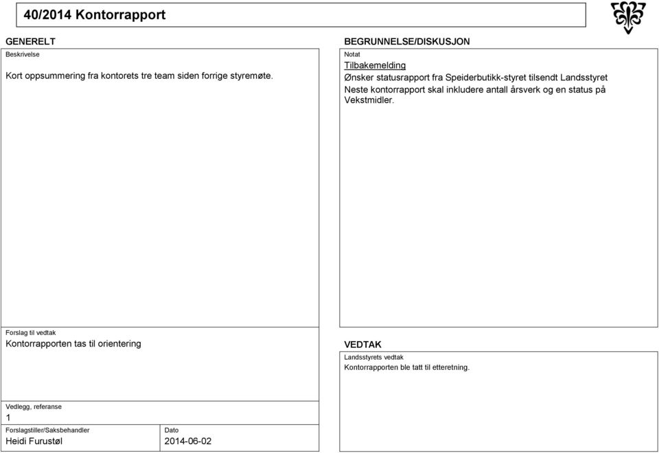 Tilbakemelding Ønsker statusrapport fra Speiderbutikk-styret tilsendt Landsstyret