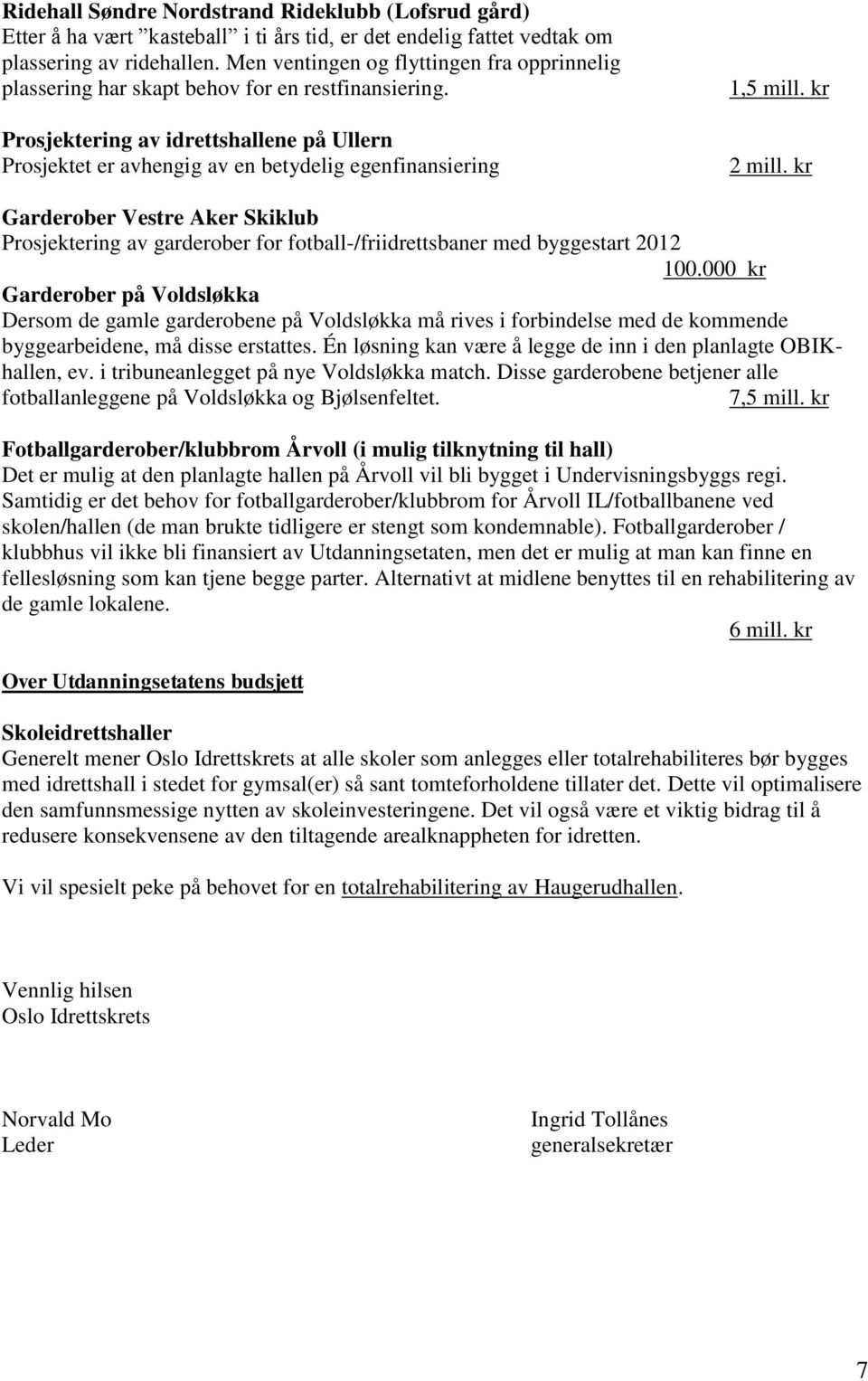 Prosjektering av idrettshallene på Ullern Prosjektet er avhengig av en betydelig egenfinansiering 1,5 mill. kr 2 mill.