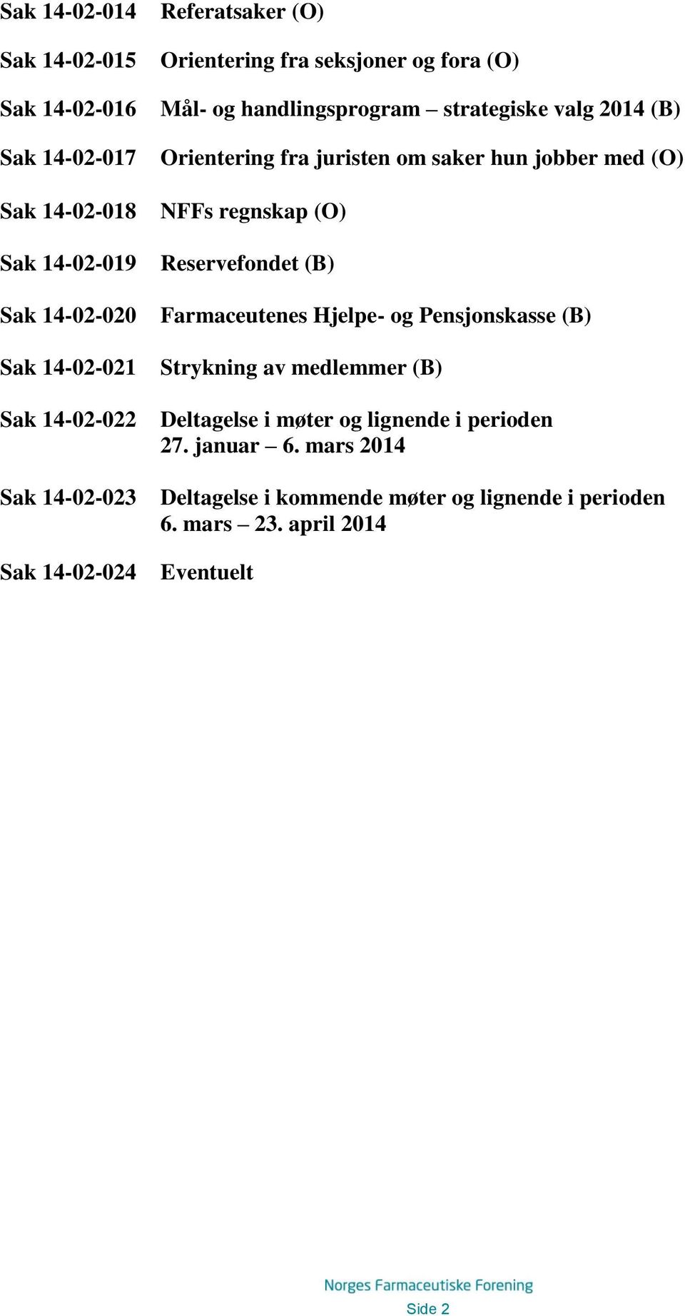 saker hun jobber med (O) NFFs regnskap (O) Reservefondet (B) Farmaceutenes Hjelpe- og Pensjonskasse (B) Strykning av medlemmer (B) Deltagelse i