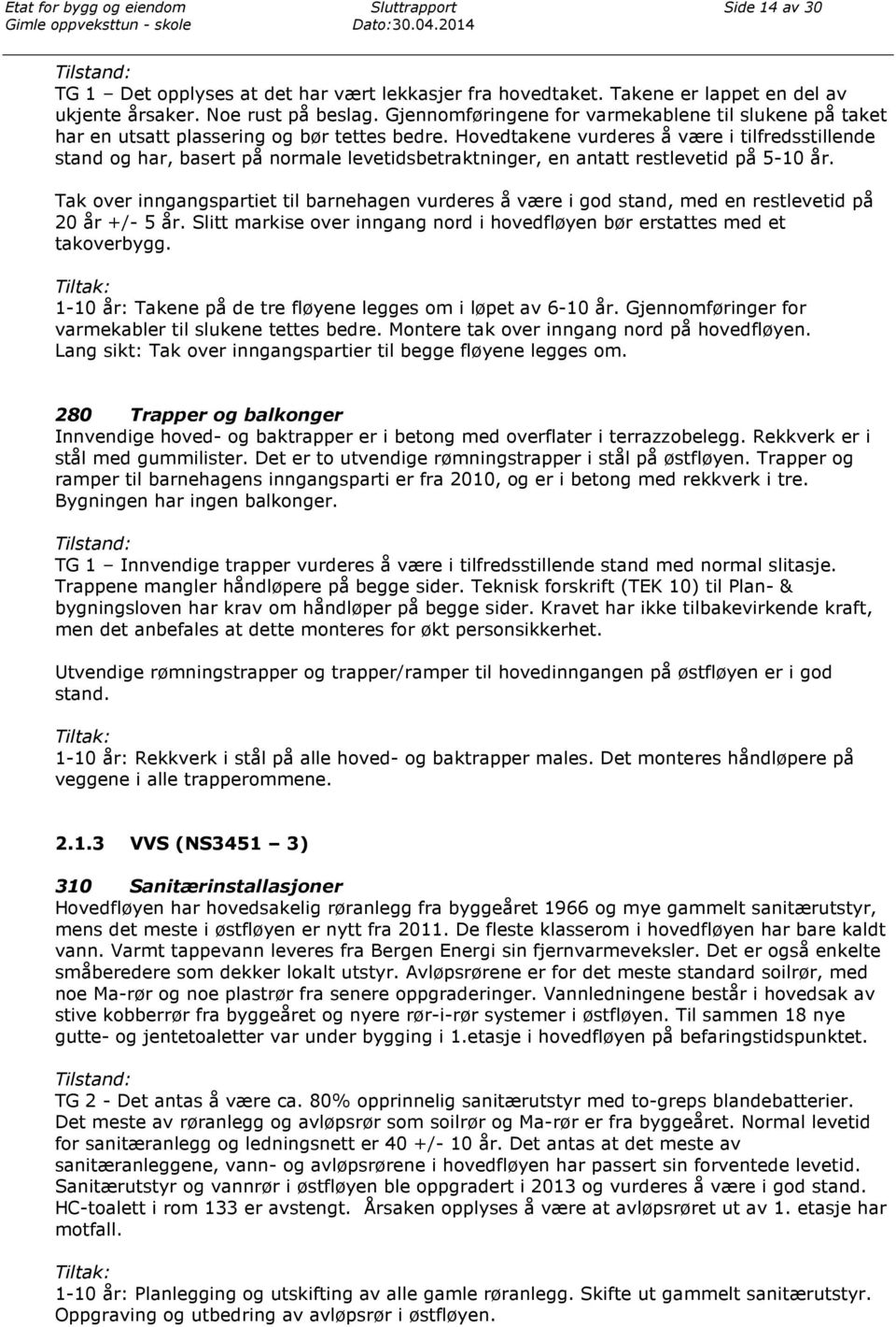 Hovedtakene vurderes å være i tilfredsstillende stand og har, basert på normale levetidsbetraktninger, en antatt restlevetid på 5-10 år.