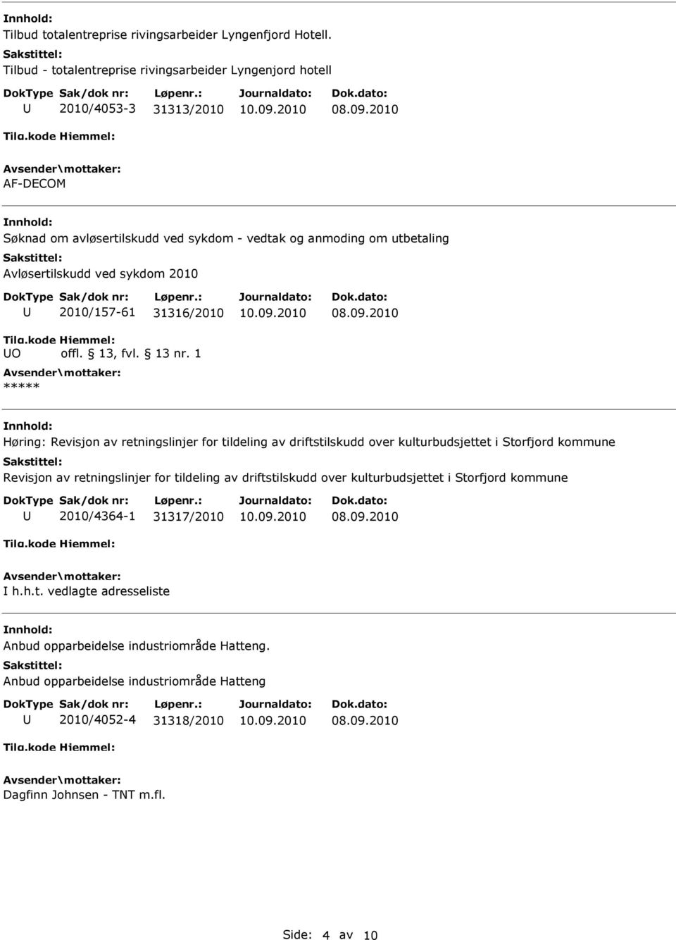 Avløsertilskudd ved sykdom 2010 O 2010/157-61 31316/2010 ***** Høring: Revisjon av retningslinjer for tildeling av driftstilskudd over kulturbudsjettet i Storfjord kommune