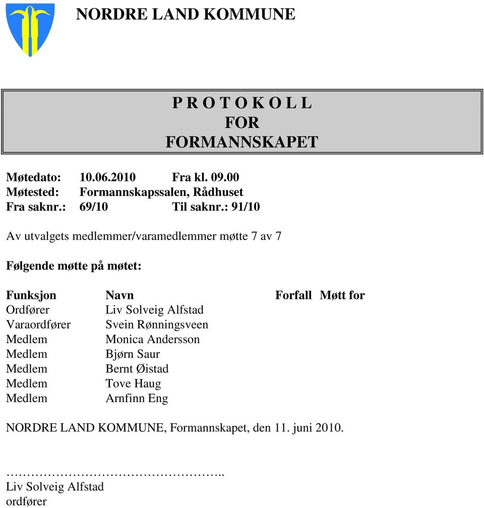 : 91/10 Av utvalgets medlemmer/varamedlemmer møtte 7 av 7 Følgende møtte på møtet: Funksjon Navn Forfall Møtt for Ordfører Liv