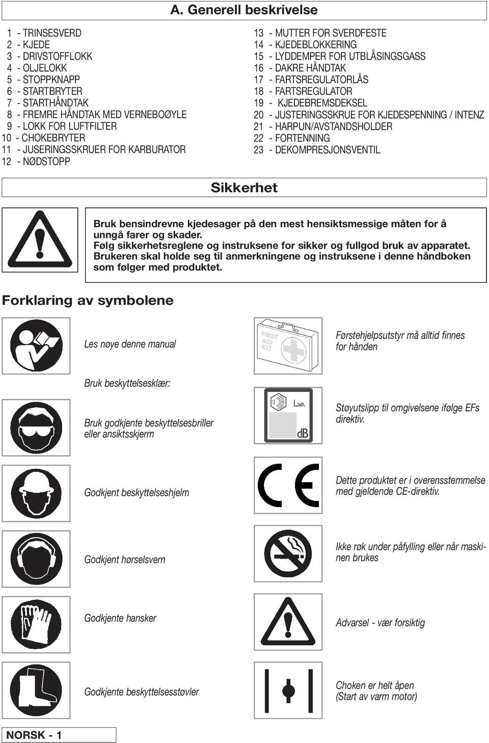 FARTSREGULATOR 19 - KJEDEBREMSDEKSEL 20 - JUSTERINGSSKRUE FOR KJEDESPENNING / INTENZ 21 - HARPUN/AVSTANDSHOLDER 22 - FORTENNING 23 - DEKOMPRESJONSVENTIL Sikkerhet Bruk bensindrevne kjedesager på den