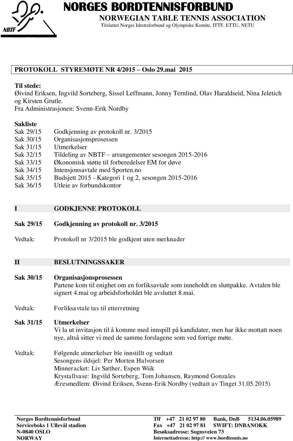 Fra Administrasjonen: Svenn-Erik Nordby Sakliste Sak 29/15 Godkjenning av protokoll nr.