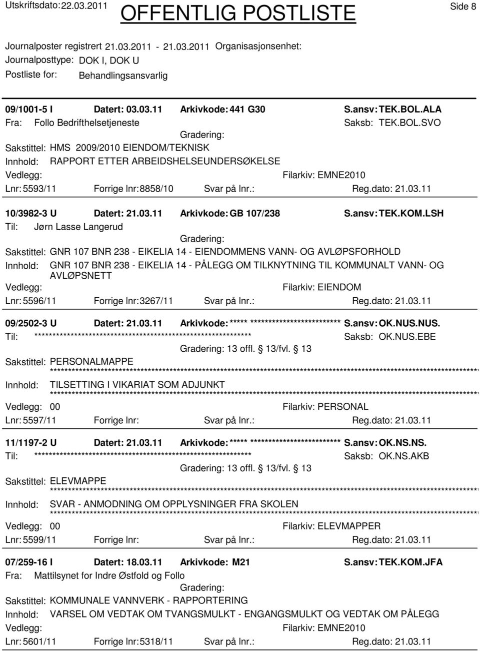 : 10/3982-3 U Datert: 21.03.11 Arkivkode:GB 107/238 S.ansv: TEK.KOM.