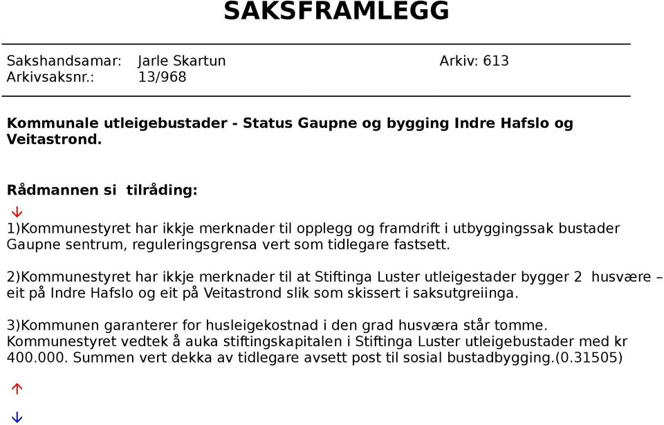 2)Kommunestyret har ikkje merknader til at Stiftinga Luster utleigestader bygger 2 husvære eit på Indre Hafslo og eit på Veitastrond slik som skissert i saksutgreiinga.