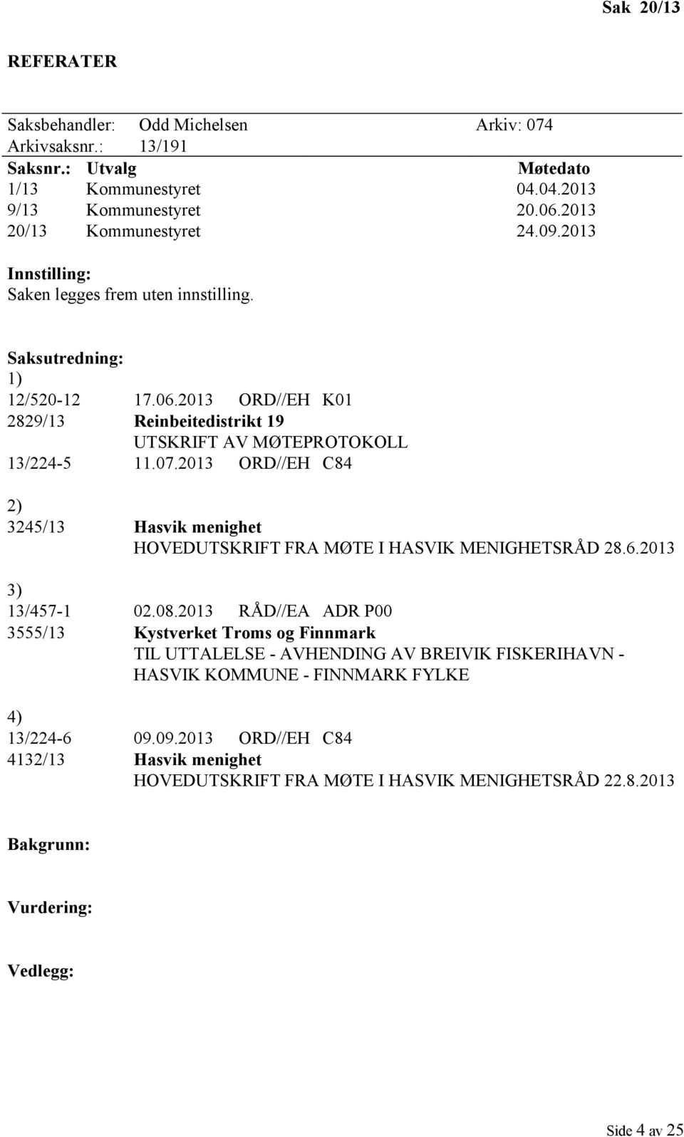 2013 ORD//EH C84 2) 3245/13 Hasvik menighet HOVEDUTSKRIFT FRA MØTE I HASVIK MENIGHETSRÅD 28.6.2013 3) 13/457-1 02.08.