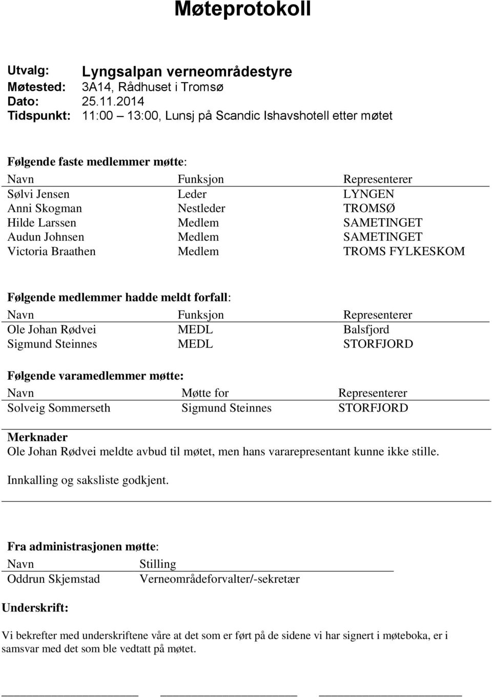 Larssen Medlem SAMETINGET Audun Johnsen Medlem SAMETINGET Victoria Braathen Medlem TROMS FYLKESKOM Følgende medlemmer hadde meldt forfall: Navn Funksjon Representerer Ole Johan Rødvei MEDL Balsfjord