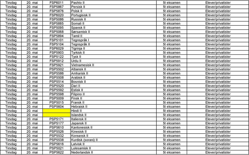 mai FSP5894 Tamil II 5t eksamen Tirsdag 20. mai FSP5101 Tegnspråk I 5t eksamen Tirsdag 20. mai FSP5104 Tegnspråk II 5t eksamen Tirsdag 20. mai FSP6029 Tigrinja II 5t eksamen Tirsdag 20.