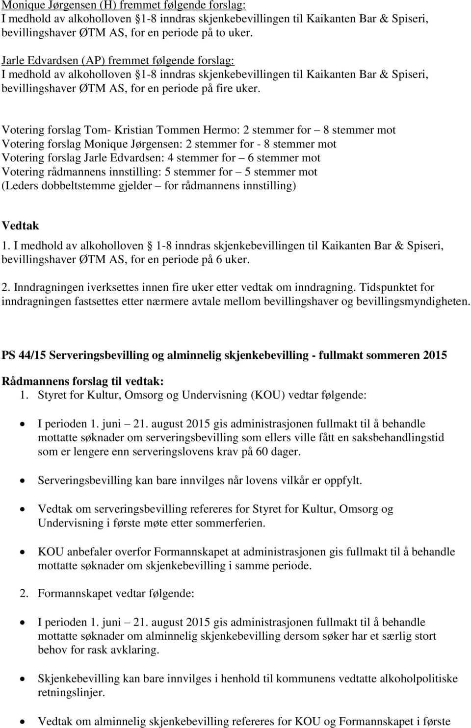 Votering forslag Tom- Kristian Tommen Hermo: 2 stemmer for 8 stemmer mot Votering forslag Monique Jørgensen: 2 stemmer for - 8 stemmer mot Votering forslag Jarle Edvardsen: 4 stemmer for 6 stemmer