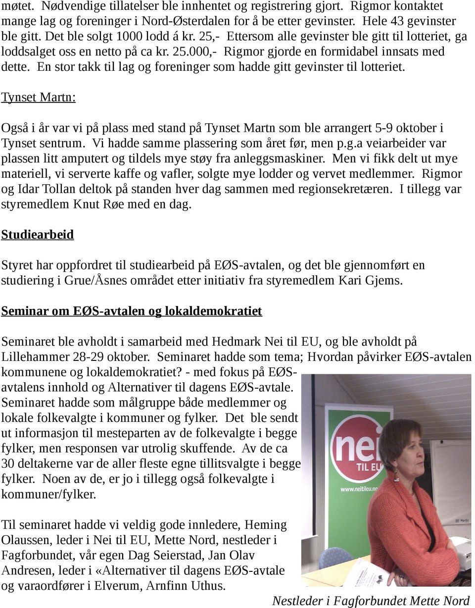 En stor takk til lag og foreninger som hadde gitt gevinster til lotteriet. Tynset Martn: Også i år var vi på plass med stand på Tynset Martn som ble arrangert 5-9 oktober i Tynset sentrum.