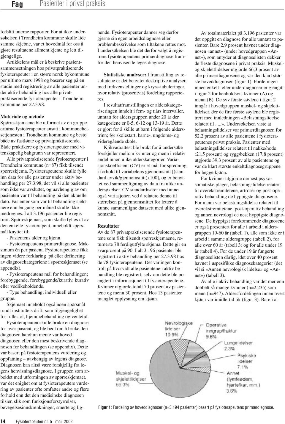 Artikkelens mål er å beskrive pasientsammensetningen hos privatpraktiserende fysioterapeuter i en større norsk bykommune per ultimo mars 1998 og baserer seg på en studie med registrering av alle