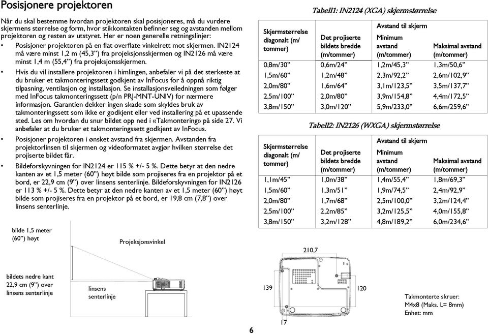 IN2124 må være minst 1,2 m (45,3 ) fra projeksjonsskjermen og IN2126 må være minst 1,4 m (55,4 ) fra projeksjonsskjermen.