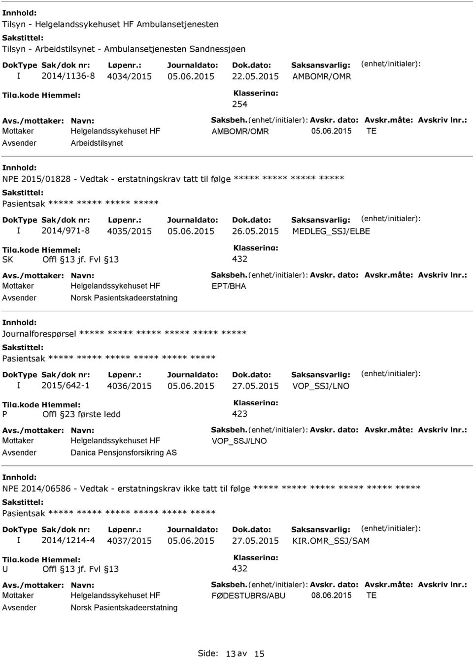 2015 MEDLEG_SSJ/ELBE SK Avs./mottaker: Navn: Saksbeh. Avskr. dato: Avskr.måte: Avskriv lnr.