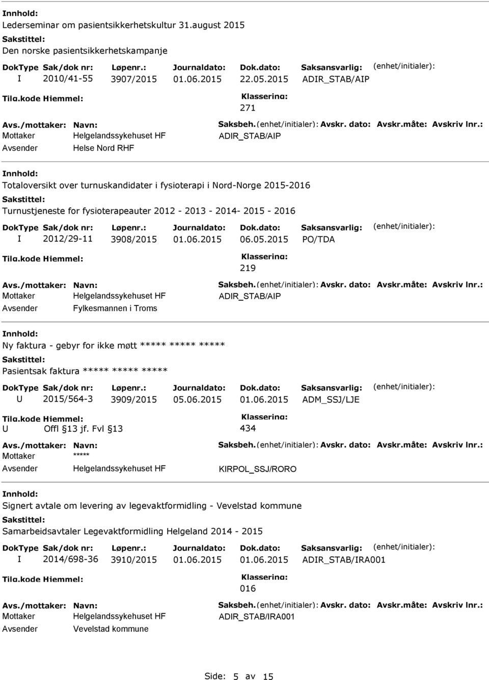 : ADR_STAB/AP Helse Nord RHF Totaloversikt over turnuskandidater i fysioterapi i Nord-Norge 2015-2016 Turnustjeneste for fysioterapeauter 2012-2013 - 2014-2015 - 2016 2012/29-11 3908/2015 06.05.