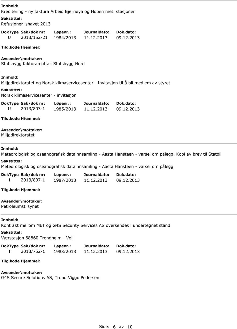 nvitasjon til å bli medlem av styret Norsk klimaservicesenter - invitasjon 2013/803-1 1985/2013 Miljødirektoratet Meteorologisk og oseanografisk datainnsamling - Aasta Hansteen -