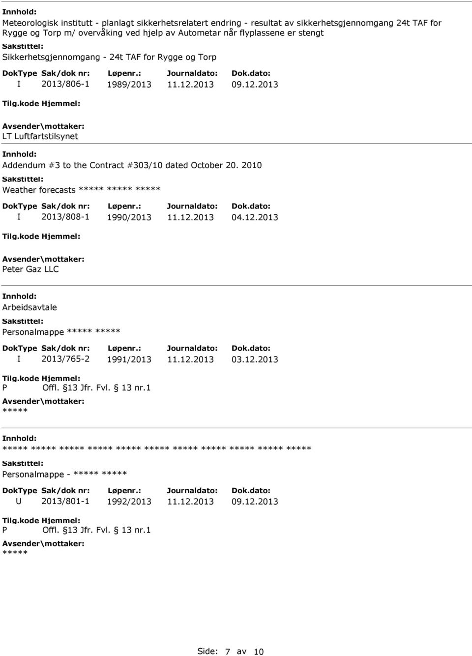 2010 Weather forecasts ***** ***** ***** 2013/808-1 1990/2013 04.12.2013 Peter Gaz LLC Arbeidsavtale Personalmappe ***** ***** P 2013/765-2 1991/2013 Offl. 13 Jfr. Fvl.