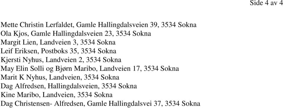 Solli og Bjørn Maribo, Landveien 17, 3534 Sokna Marit K Nyhus, Landveien, 3534 Sokna Dag Alfredsen, Hallingdalsveien,