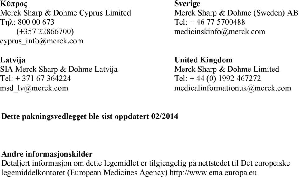 com Sverige Merck Sharp & Dohme (Sweden) AB Tel: + 46 77 5700488 medicinskinfo@merck.