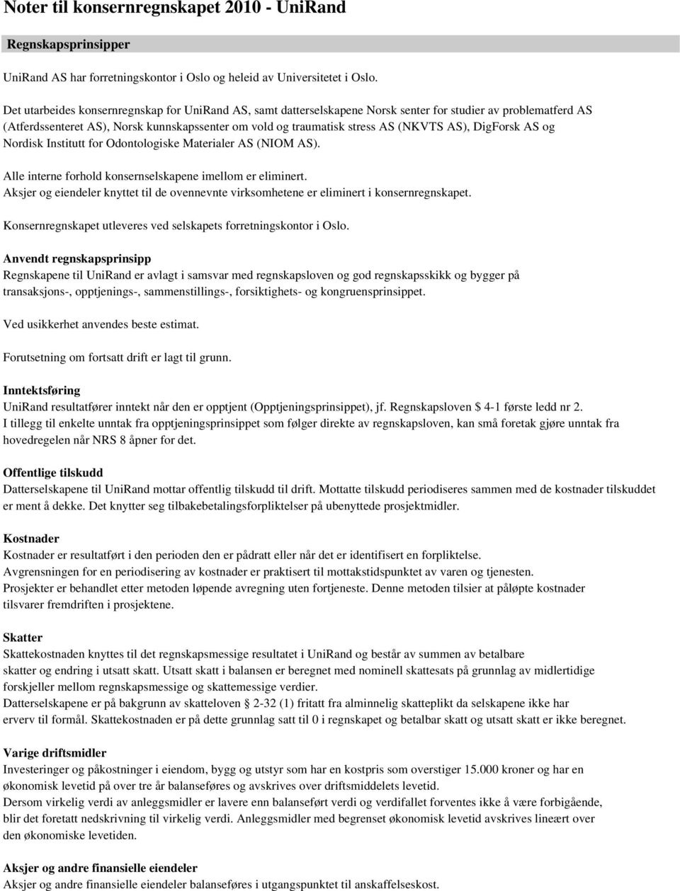 AS), DigForsk AS og Nordisk Institutt for Odontologiske Materialer AS (NIOM AS). Alle interne forhold konsernselskapene imellom er eliminert.