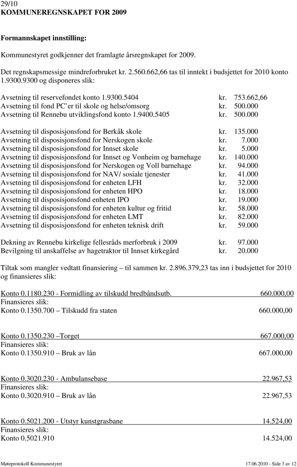 500.000 Avsetning til Rennebu utviklingsfond konto 1.9400.5405 kr. 500.000 Avsetning til disposisjonsfond for Berkåk skole kr. 135.000 Avsetning til disposisjonsfond for Nerskogen skole kr. 7.