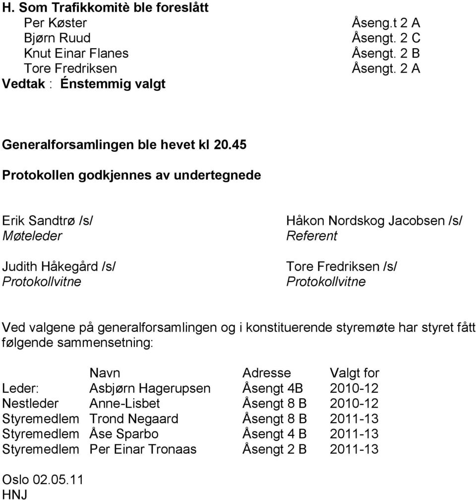 Ved valgene på generalforsamlingen og i konstituerende styremøte har styret fått følgende sammensetning: Navn Adresse Valgt for Leder: Asbjørn Hagerupsen Åsengt 4B 2010-12