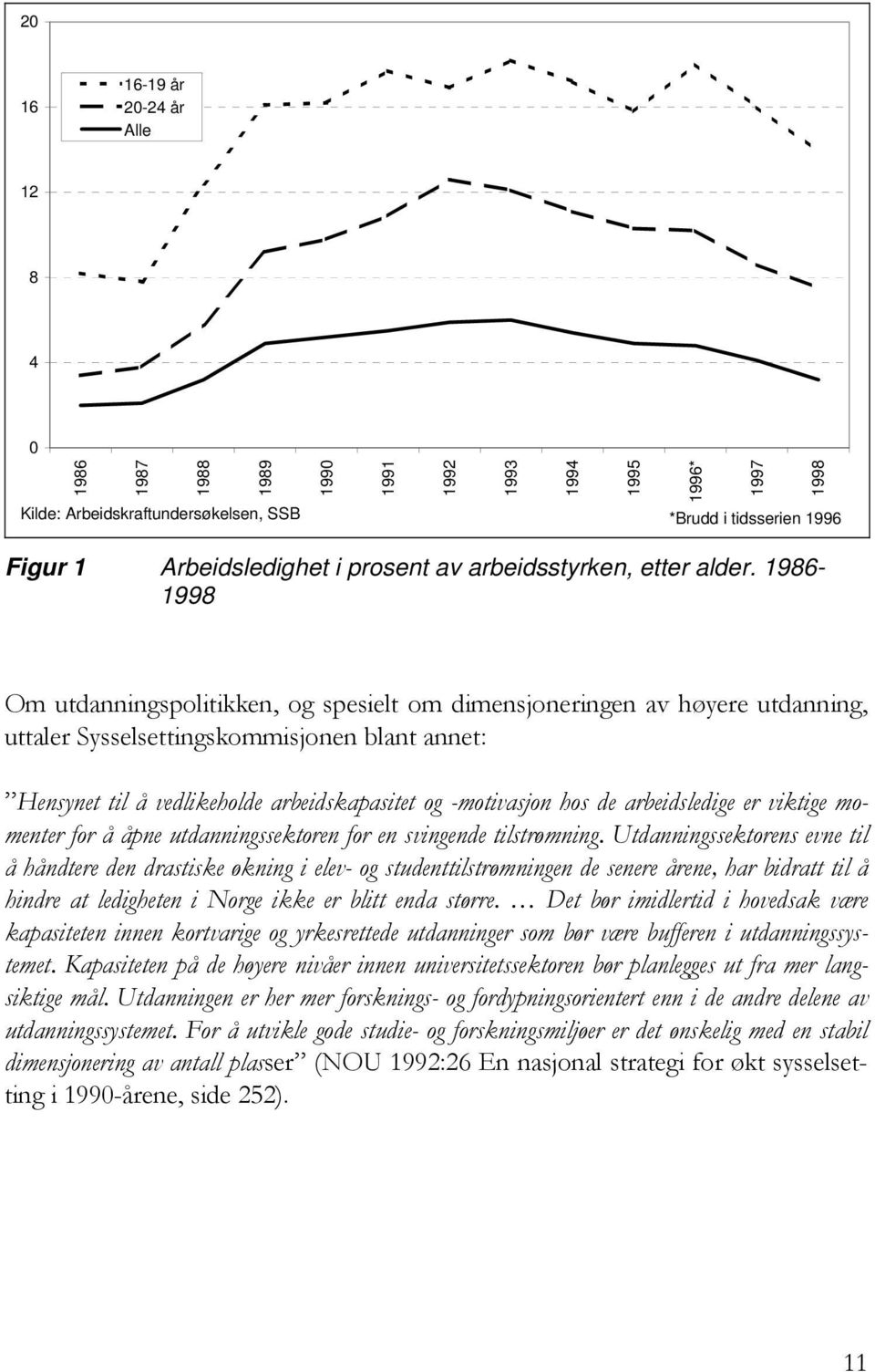 1986-1998 Om utdanningspolitikken, og spesielt om dimensjoneringen av høyere utdanning, uttaler Sysselsettingskommisjonen blant annet: Hensynet til å vedlikeholde arbeidskapasitet og -motivasjon hos