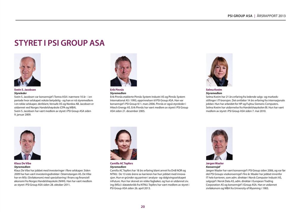 Jacobsen er utdannet ved Norges Handelshøyskole (CPA og MBA). Svein S. Jacobsen har vært medlem av styret i PSI Group ASA siden 9. januar 2009.